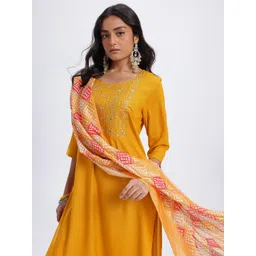 HERE&NOW Zari Embroidered Mirror Work Round Neck Straight Kurta with Trousers & Dupatta-picture-25