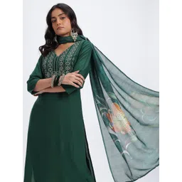 HERE&NOW Zari Embroidered Mirror Work V-Neck Straight Kurta with Trousers & Dupatta-picture-17