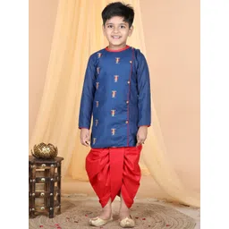 Here&Now X Kinder Kids Boys Floral Embroidered Pure Cotton Straight Kurta with Dhoti Pants-picture-18
