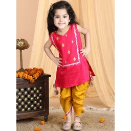 Here&Now X Kinder Kids Girls Ethnic Motifs Embroidered Regular Thread Work Pure Cotton Kurti with Trousers-picture-36