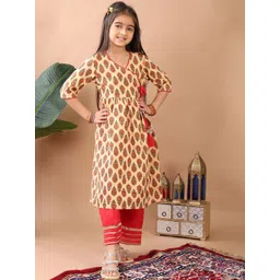 Here&Now X Kinder Kids Girls Ethnic Motifs Printed Angrakha Gotta Patti Pure Cotton Kurti with Palazzos-picture-36