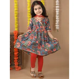Here&Now X Kinder Kids Girls Floral Printed Angrakha Sequinned Pure Cotton Kurti With Dupatta-picture-37