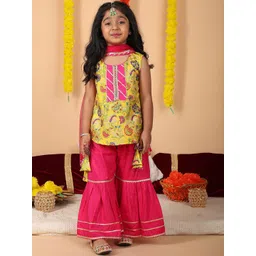 Here&Now X Kinder Kids Girls Floral Printed Pure Cotton Kurti with Sharara & Dupatta-picture-41