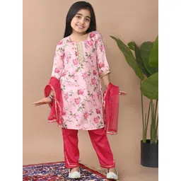 Here&Now X Kinder Kids Girls Floral Printed Regular Sequinned Kurta with Palazzos & With Dupatta-picture-32