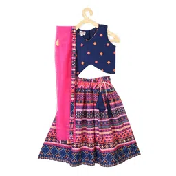 here&now x kinder kids Kinder Kids Girls Blue & Pink Embroidered Ready to Wear Lehenga & Blouse With Dupatta-picture-18