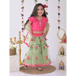 here&now x kinder kids Kinder Kids Girls Green & Pink Printed Ready to Wear Lehenga & Blouse With Dupatta-picture-16