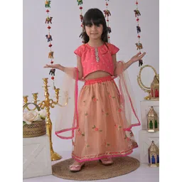 here&now x kinder kids Kinder Kids Girls Peach-Coloured & Pink Embroidered Ready to Wear Lehenga & Blouse With Dupatta-picture-21