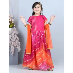 here&now x kinder kids Kinder Kids Girls Pink & Orange Ready to Wear Lehenga & Blouse With Net Dupatta-picture-15