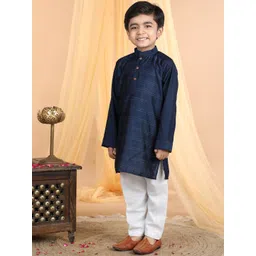 here&now x kinder kids Kinder Kids Boys Geometric Embroidered Pure Cotton Straight Kurta With Pyjamas image 3