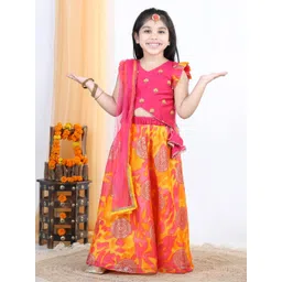 here&now x kinder kids Kinder Kids Girls Pink & Yellow Embroidered Lehenga & Blouse With Dupatta Set image 5