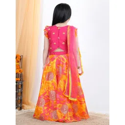 here&now x kinder kids Kinder Kids Girls Pink & Yellow Embroidered Lehenga & Blouse With Dupatta Set image 4