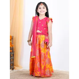 here&now x kinder kids Kinder Kids Girls Pink & Yellow Embroidered Lehenga & Blouse With Dupatta Set image 3