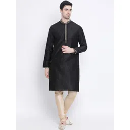 here&now x sanwara Sanwara Men Black & Beige Self Design Silk Kurta with Churidar-picture-36