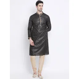 here&now x sanwara Sanwara Men Black & Gold-Toned Printed Pure Silk Kurta with Churidar-picture-20