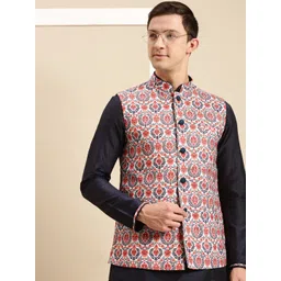 here&now x sanwara Sanwara Men Blue Printed Nehru Jackets-picture-33
