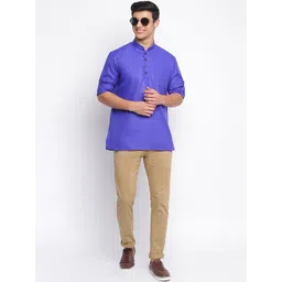 here&now x sanwara Sanwara Men Blue Solid Mandarin Collar Kurta-picture-15