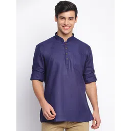 here&now x sanwara Sanwara Men Blue Solid Mandarin Collar Kurta-picture-36