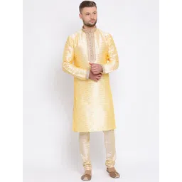 here&now x sanwara Sanwara Men Gold-Toned & Cream-Coloured Self Design Kurta with Churidar-picture-21