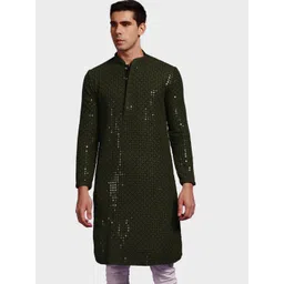 here&now x sanwara Sanwara Men Green Printed Cold-Shoulder Sleeves Mirror Work Kurta-picture-25