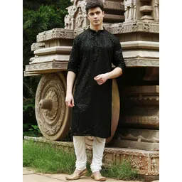 here&now x sanwara Sanwara Men Geometric Embroidered Pure Cotton Kurta With Churidar image 1