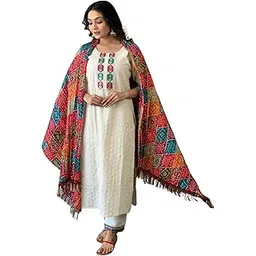Heritage & Hands Women's Cotton Chikankari Print Straight Kurti with Pant andMulmul Dupatta Set-picture-14