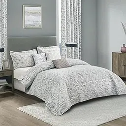 HESTIN 8 Piece Queen Size 90" x 90" Reversible Bedspread Quilted Coverlet Matching Curtains with Geometric Patterns, Rose Bella Gray-picture-12