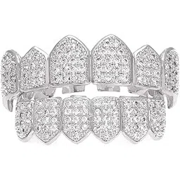 Iced Out Diamond Teeth Grillz for Men Women, Hip Hop Silver Gold Grills for your teeth Top and Bottom, Rapper Costume Mouth Grillz with Silicone Molding Bars-image-43