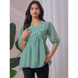 HIALTO Women Embroidered V-Neck Georgette Tunic Top-image-39