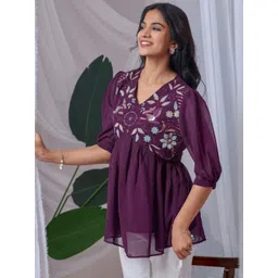 HIALTO Women Purple Floral Embroidered Puff Sleeve Georgette Top-picture-18