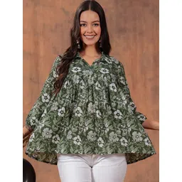 HIBIKI Women Floral Printed Pure CottonA-Line Top-picture-36