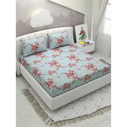 HIDECOR Blue & Pink Floral 210 TC King Bedsheet with 2 Pillow Covers-picture-21