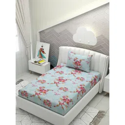 HIDECOR Blue & Pink-Toned Floral 210 TC Single Bedsheet with 1 Pillow Covers-picture-24