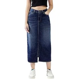 high star clothing High Star Women Washed Midi Pencil High-Rise Front Side Slit Denim Skirt-picture-12