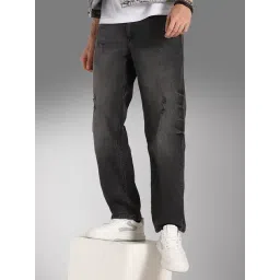 High Star Black Cotton Flare Fit Distressed Jeans-image-9