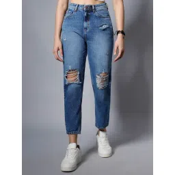 High Star Blue Distressed Relaxed Fit High Rise Jeans-picture-20
