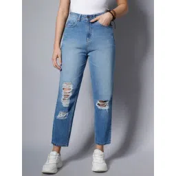 High Star Blue Distressed Relaxed Fit High Rise Jeans-picture-10