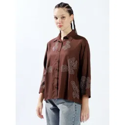 High Star Brown Cotton Oversized Embroidered Shirt-picture-17