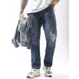 High Star Men Comfort Straight Fit Mid-Rise Light Fade Slash Knee Cotton Jeans-picture-11