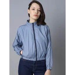 High Star Mock Collar Long Sleeves Windcheater Crop Bomber Jacket-picture-29