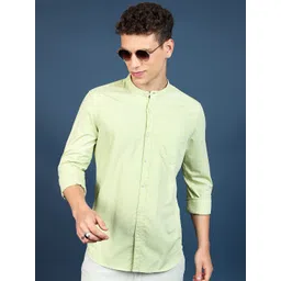 HIGHLANDER Lime Green Slim Fit Mandarin Collar Long Sleeves Cotton Casual Shirt-picture-25