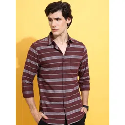 HIGHLANDER Maroon Slim Fit Horizontal Stripes Casual Shirt-picture-34