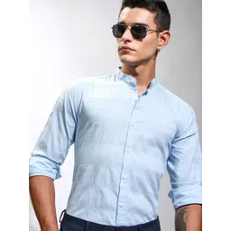 HIGHLANDER Men Band Collar Horizontal Striped Cotton Casual Shirt-picture-37