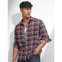 HIGHLANDER Men Comfort Relaxed Fit Checked Spread Collar Cotton Casual Shirt-picture-41