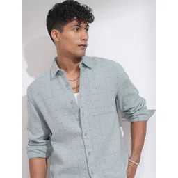 HIGHLANDER Men Comfort Relaxed Fit Spread Collar Textured Cotton Casual Shirt-picture-13