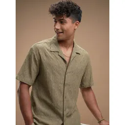 HIGHLANDER Men Comfort Relaxed Fit Textured Cuban Collar Casual Shirt-picture-24