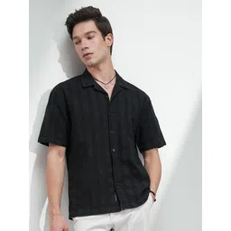 HIGHLANDER Men Comfort Relaxed Fit Textured Cuban Collar Cotton Casual Shirt-picture-36