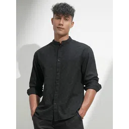 HIGHLANDER Men Comfort Relaxed Fit Textured Mandarin Collar Cotton Casual Shirt-picture-11