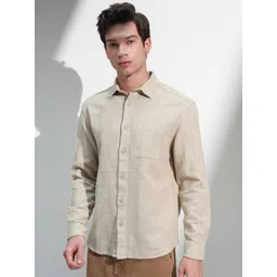 HIGHLANDER Men Comfort Relaxed Fit Textured Spread Collar Cotton Casual Shirt-picture-17