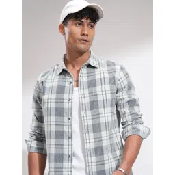 HIGHLANDER Men Comfort Slim Fit Spread Collar Tartan Checked Cotton Casual Shirt-picture-41