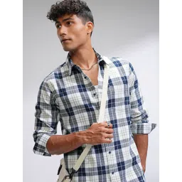 HIGHLANDER Men Comfort Slim Fit Spread Collar Tartan Checked Cotton Casual Shirt-picture-42